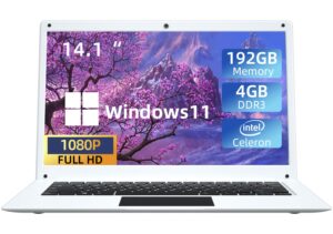 windows 11 laptop 14 inch, intel celeron quad-core,4gb ram,192gb storage(64gb emmc+128gb ssd),bt4.2,ultra slim lightweight notebook,work study laptop computers (white)