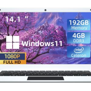 Windows 11 Laptop 14 Inch, Intel Celeron Quad-core,4GB RAM,192GB Storage(64GB eMMC+128GB SSD),BT4.2,Ultra Slim Lightweight Notebook,Work Study Laptop Computers (White)