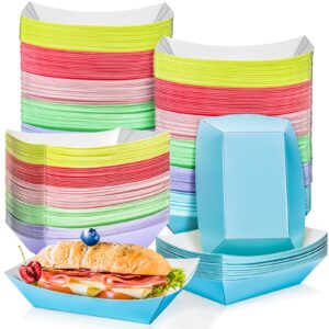 motbach 120 pack 2lb colorful paper food boat trays disposable paper boats, food boats colored paper food serving boat tray basket for snacks popcorns sandwich burgers bbq hot dogs tacos fries nachos