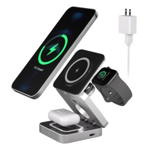 foluck 3 in 1 wireless charging station for iphone, adjustable magnetic wireless charger, foldable travel charging stand for multple devices for iphone 15/14/13/12 series, airpods, apple watch
