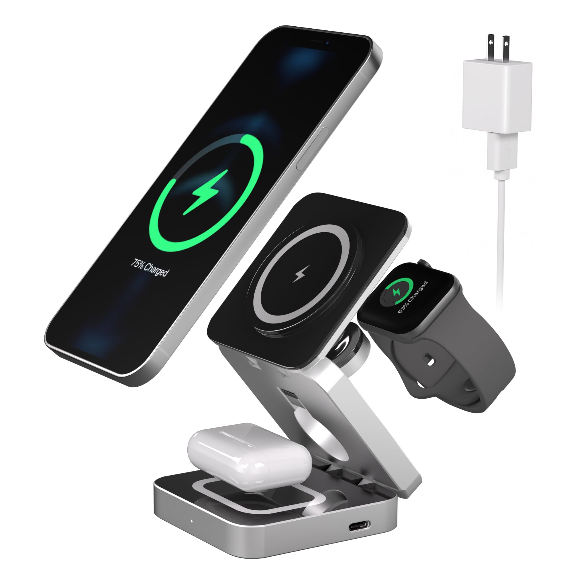 Foluck 3 in 1 Wireless Charging Station for iPhone, Adjustable Magnetic Wireless Charger, Foldable Travel Charging Stand for Multple Devices for iPhone 15/14/13/12 Series, AirPods, Apple Watch