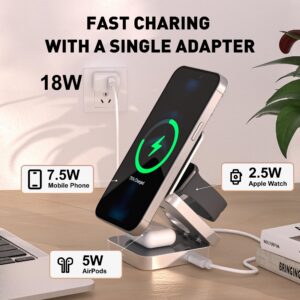 Foluck 3 in 1 Wireless Charging Station for iPhone, Adjustable Magnetic Wireless Charger, Foldable Travel Charging Stand for Multple Devices for iPhone 15/14/13/12 Series, AirPods, Apple Watch