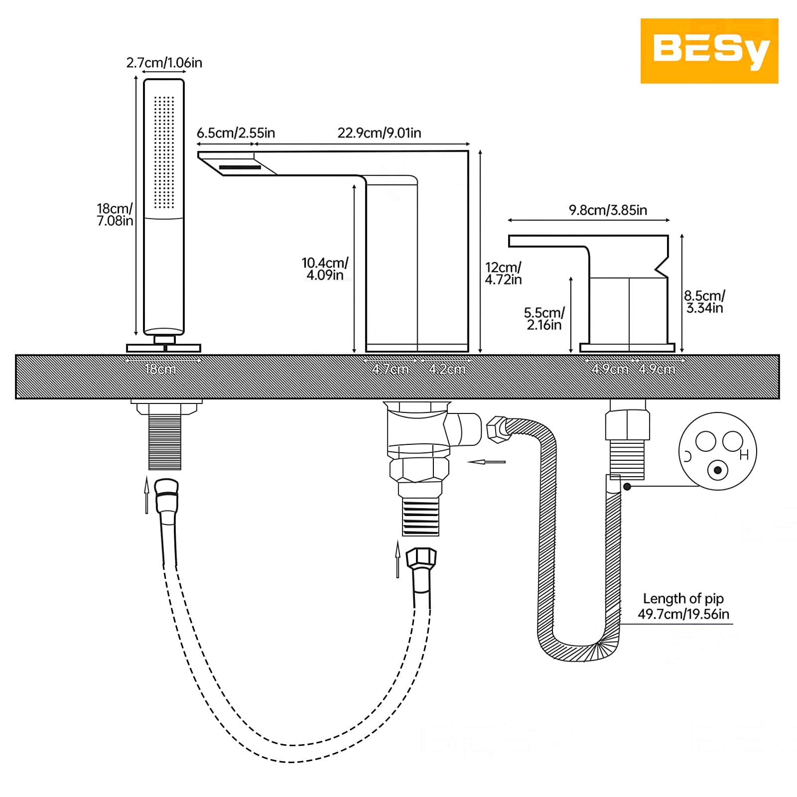 BESy Waterfall Roman Bath Tub Faucets with Sprayer, Deck Mount Matte Black Bathtub Faucets Set, Tub Filler with Brass 2 In 1 Handheld Showerhead, Bathroom Shower Faucet Fixture Combo cUPC Lines