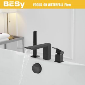 BESy Waterfall Roman Bath Tub Faucets with Sprayer, Deck Mount Matte Black Bathtub Faucets Set, Tub Filler with Brass 2 In 1 Handheld Showerhead, Bathroom Shower Faucet Fixture Combo cUPC Lines