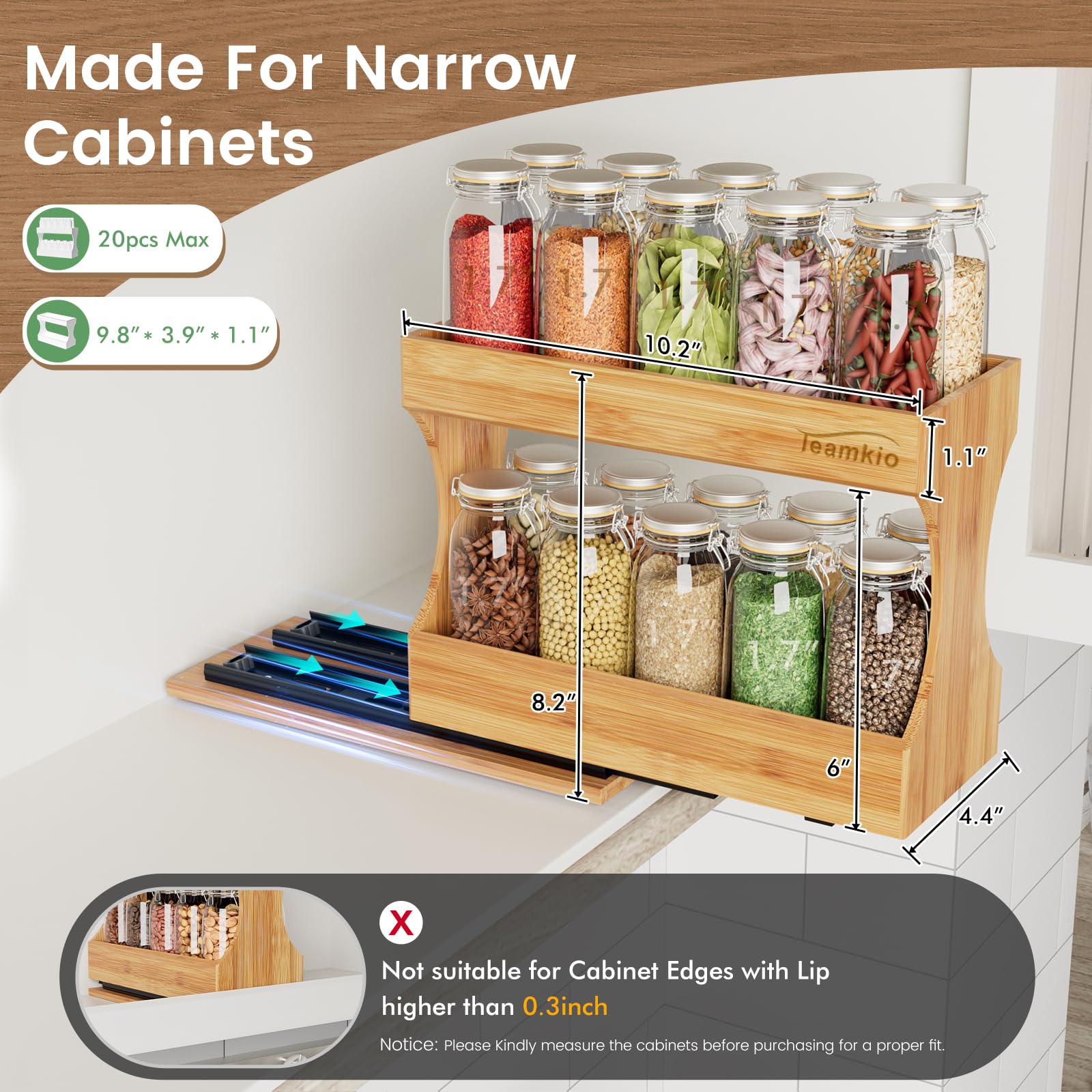 Teamkio Bamboo Spice Rack Organizer for Cabinet, 2-Tier Pull Out Spice Rack, Tool-Free Install Slide Out Vertical Seasoning Spice Organizer for Kitchen Cabinet（Bottles not included