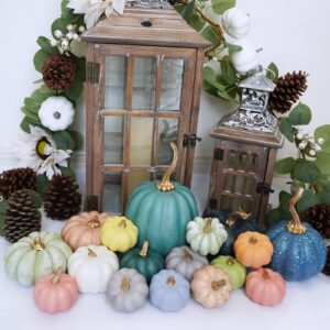 Winlyn 18 Pcs Bulk Assorted Rustic Harvest Artificial Pumpkins Decorative Pumpkins Faux Foam Pumpkins in Blue Green Teal for Fall Harvest Autumn Wedding Thanksgiving Halloween Party Table Centerpiece