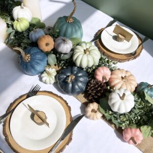 Winlyn 18 Pcs Bulk Assorted Rustic Harvest Artificial Pumpkins Decorative Pumpkins Faux Foam Pumpkins in Blue Green Teal for Fall Harvest Autumn Wedding Thanksgiving Halloween Party Table Centerpiece