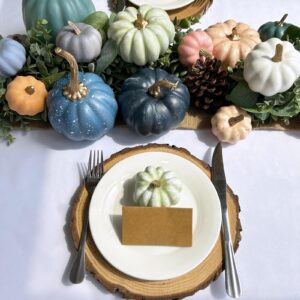 Winlyn 18 Pcs Bulk Assorted Rustic Harvest Artificial Pumpkins Decorative Pumpkins Faux Foam Pumpkins in Blue Green Teal for Fall Harvest Autumn Wedding Thanksgiving Halloween Party Table Centerpiece