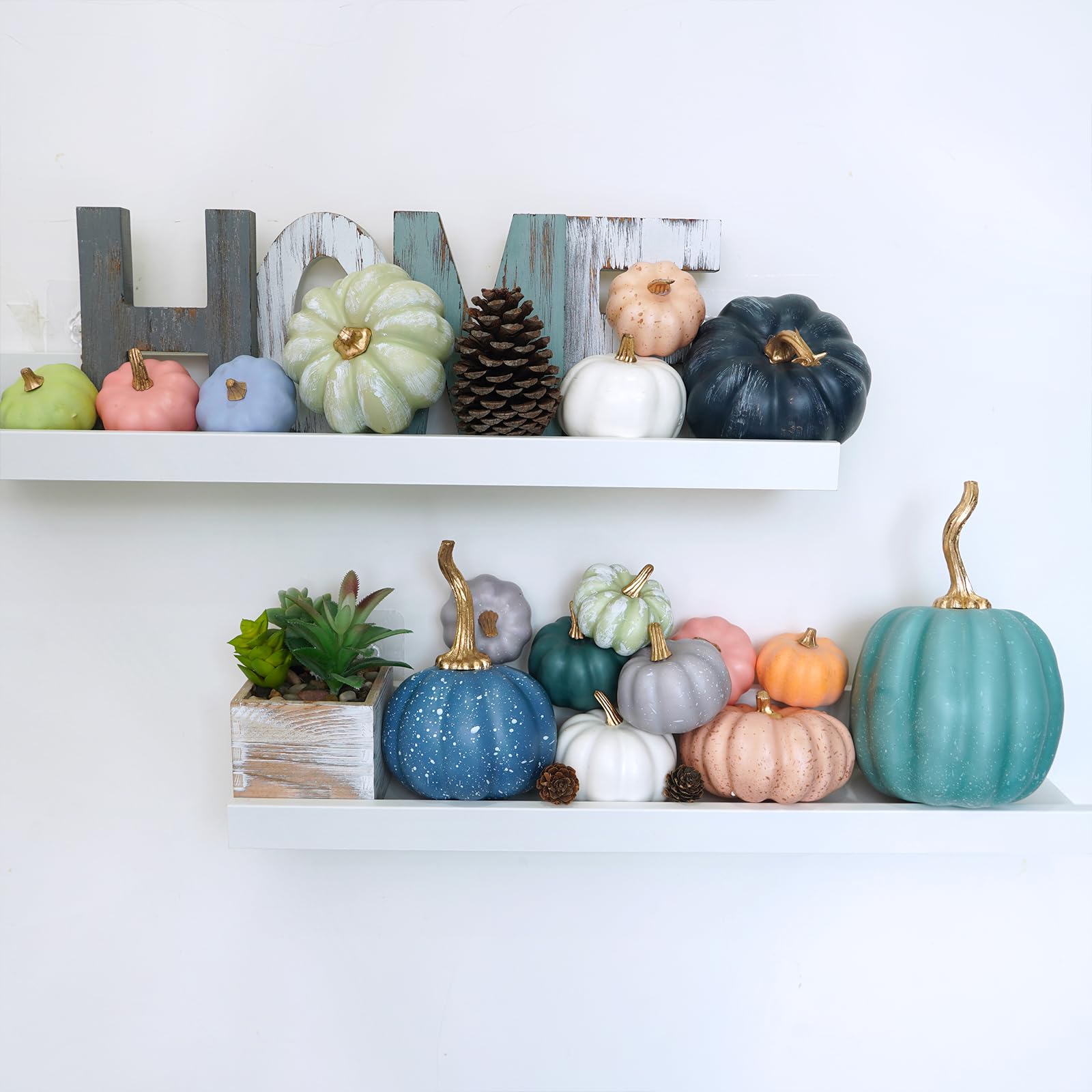 Winlyn 18 Pcs Bulk Assorted Rustic Harvest Artificial Pumpkins Decorative Pumpkins Faux Foam Pumpkins in Blue Green Teal for Fall Harvest Autumn Wedding Thanksgiving Halloween Party Table Centerpiece