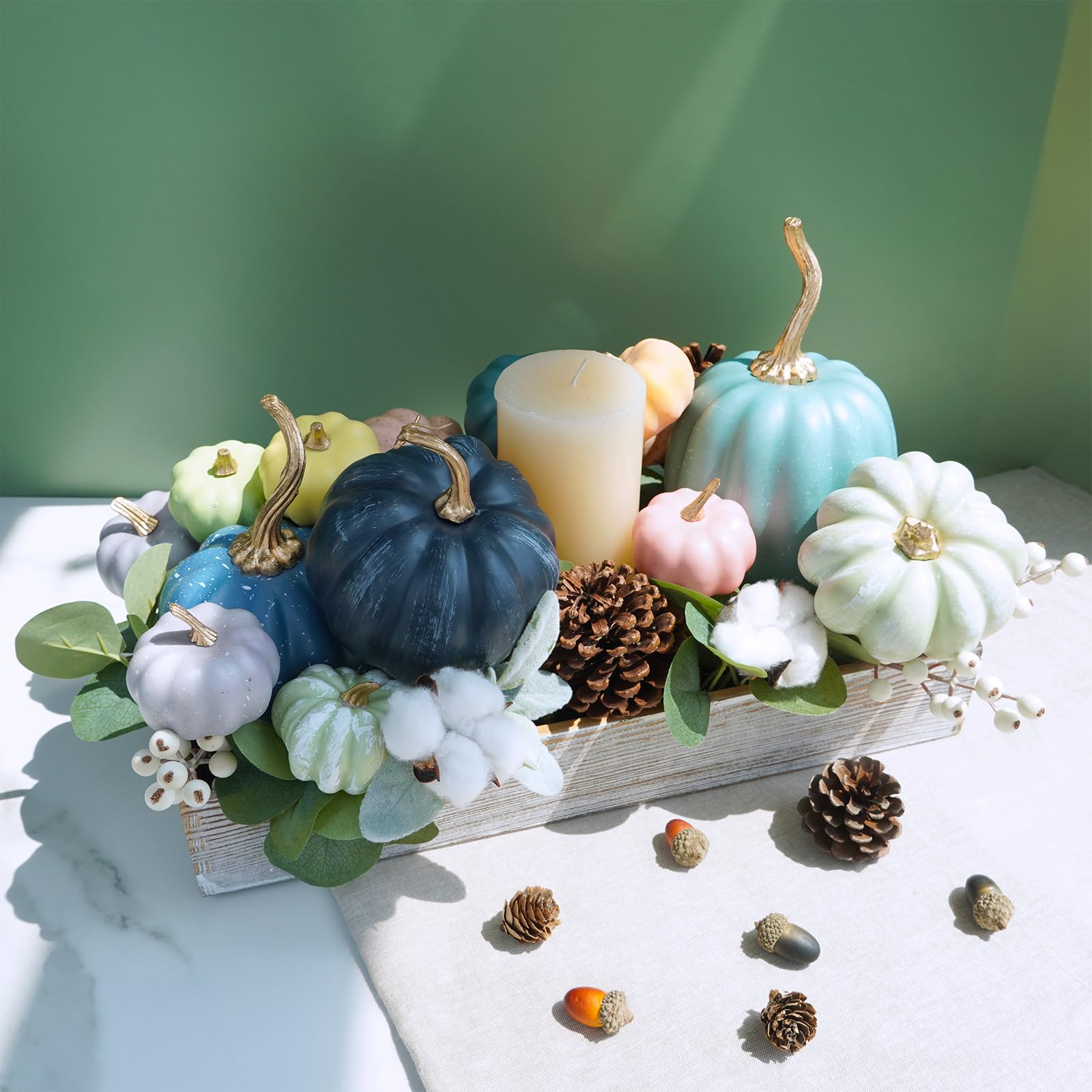 Winlyn 18 Pcs Bulk Assorted Rustic Harvest Artificial Pumpkins Decorative Pumpkins Faux Foam Pumpkins in Blue Green Teal for Fall Harvest Autumn Wedding Thanksgiving Halloween Party Table Centerpiece