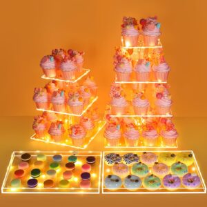 Cupcake Stand with LED String Light, Acrylic Cupcake Display Stand 4 Set Holds More Than 100 Cupcakes,Cupcake Tower Holder for Wedding, Baby Shower, Party Christmas Decoration