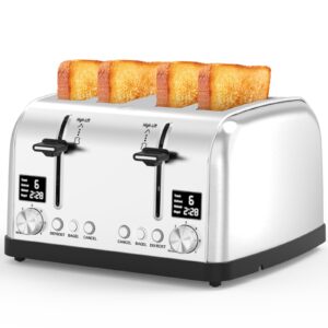toaster 4 slice,ultra-clear led display, dual control panels with independent settings,retro stainless steel toater with 6 shade settings,4 slice toaster with bagel lainsten toaster t-5057d (silver)