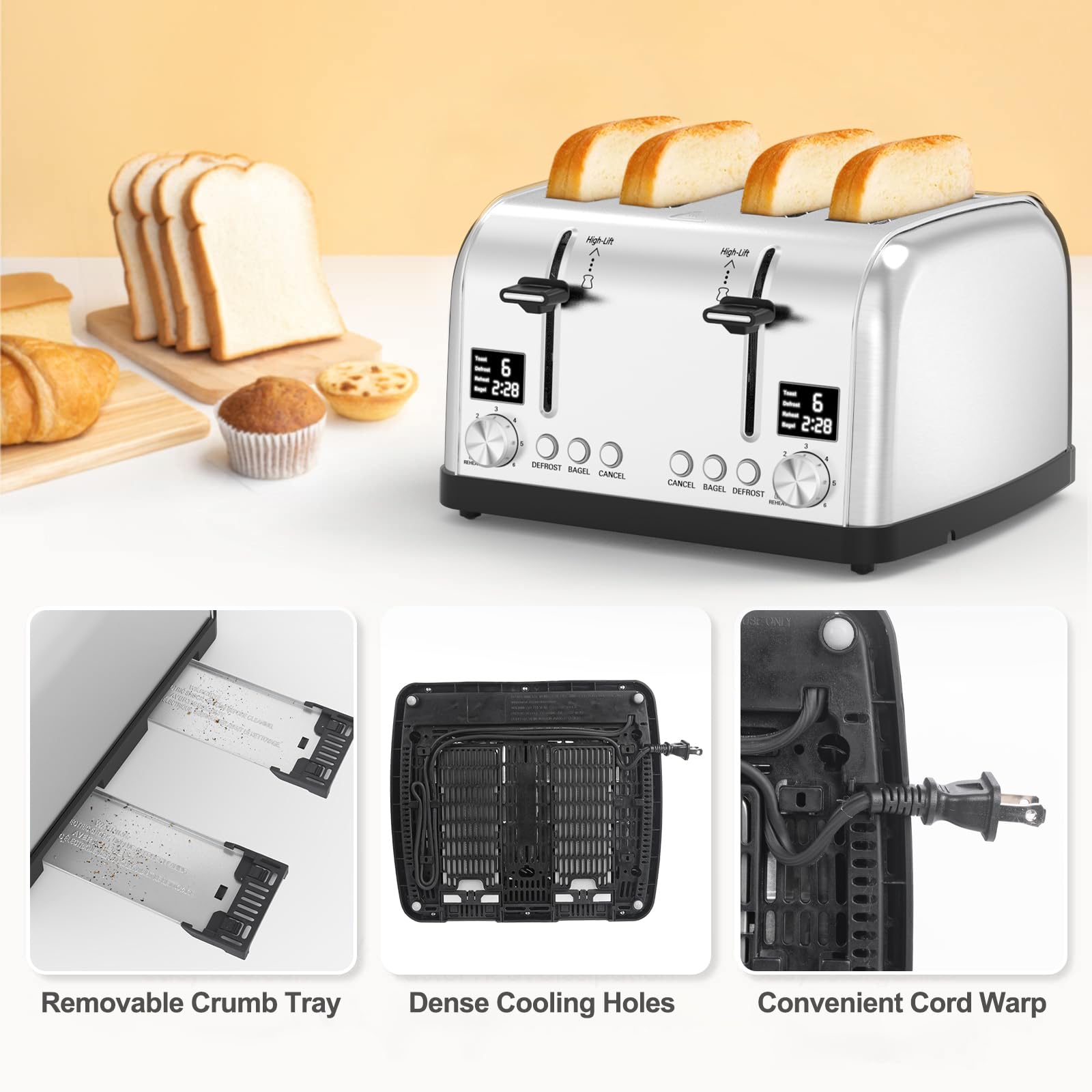 Toaster 4 Slice,Ultra-Clear Led Display, Dual Control Panels With Independent Settings,Retro Stainless Steel Toater with 6 Shade Settings,4 Slice Toaster with Bagel Lainsten Toaster T-5057D (Silver)