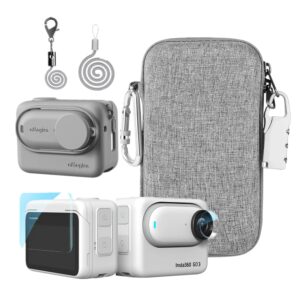 lewote accessories kit compatible with insta360 go 3 [silicone camera case cover and lens cap][2pcs 3d screen protector film][carrying case bag with auto locking carabiner and anti-loss lock] (gray)