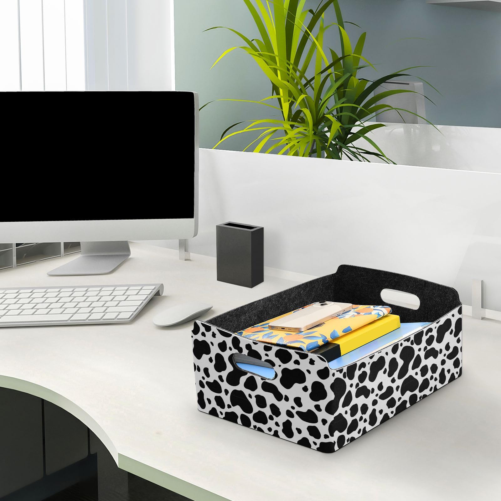 Kigai Cow Storage Basket, Foldable Open Storage Bins with Double Handle, Felt Storage Boxes for Office Desk, Rectangular Closet Organizer Containers for Home Bedroom