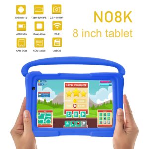 CONSUNG 8 inch Kids Tablet with Android 12, Quad-core Faster Speed Processor, 3GB RAM+32GB ROM, 1280x800 IPS Screen, 2+5MP Dual Camera, WiFi & Bluetooth,4000mAh Battery, GMS Certified (Dark Blue)