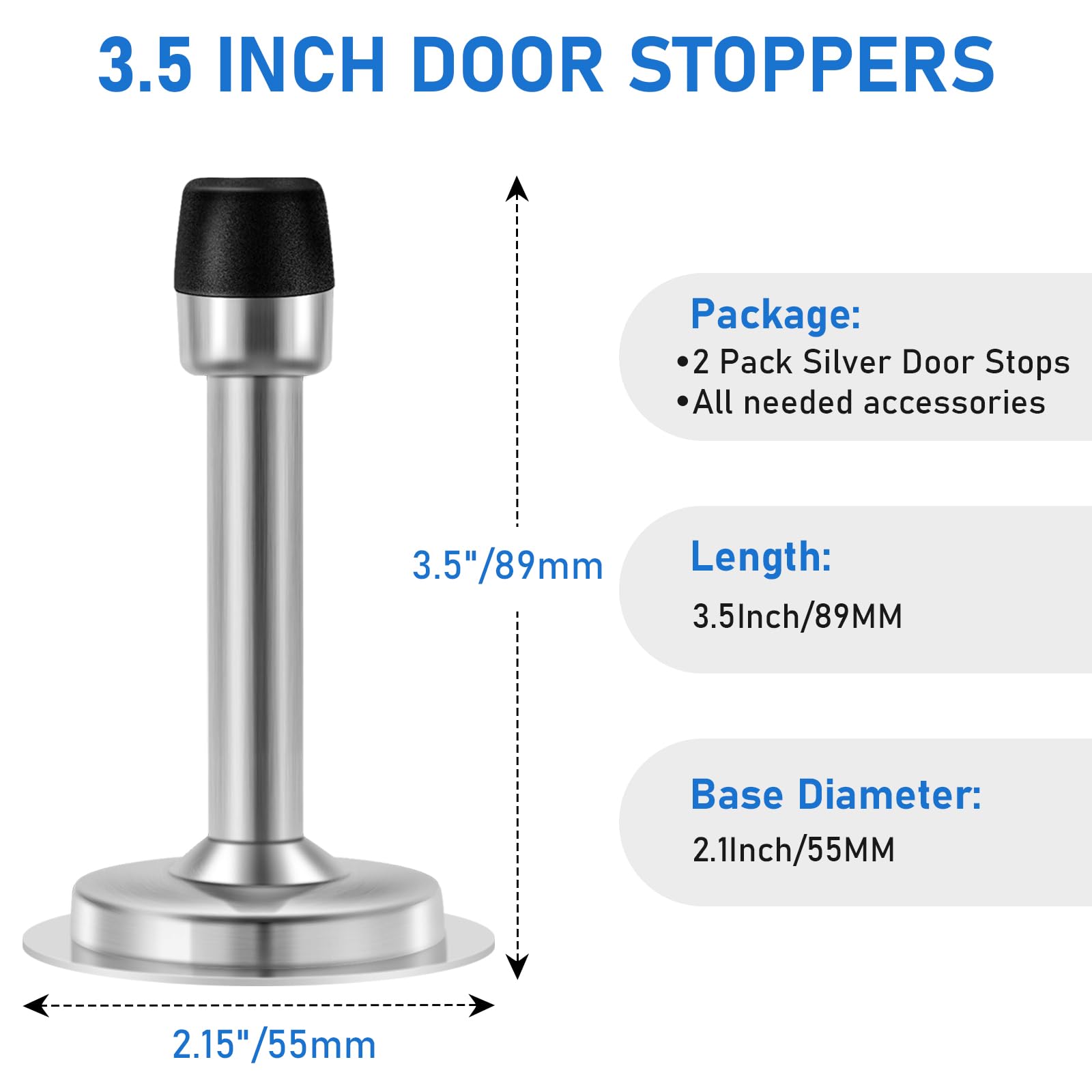 Door Stoppers, 3.5 Inch Door Stops for Bottom of Door, Wall Mounted Self Adhesive Door Stop with Black Rubber Bumper Stainless Steel Modern Doorstop Brushed Nickel No Drill Door Stopper, Silver 2 Pack