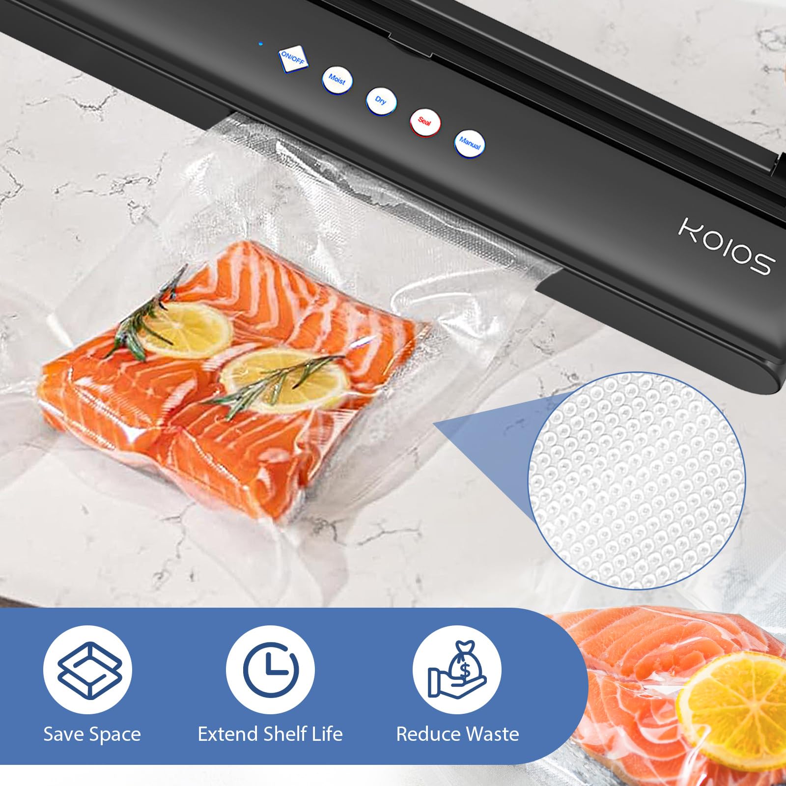 KOIOS Vacuum Sealer Machine, Automatic Food Sealer with Cutter, Dry & Moist Modes, Compact Design Powerful Suction Air Sealing System with 10 Sealing Bags & Air Suction Hose