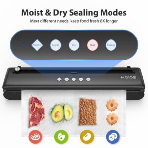 KOIOS Vacuum Sealer Machine, Automatic Food Sealer with Cutter, Dry & Moist Modes, Compact Design Powerful Suction Air Sealing System with 10 Sealing Bags & Air Suction Hose
