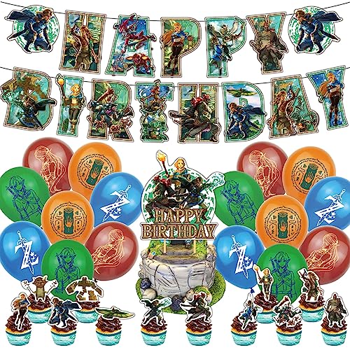 Zel-Da Birthday Party Decoration, Include Zel-Da Game Theme Birthday Banner, Cake Topper, Latex Balloons, Hanging Swirls, For Zel-Da Theme Kids Birthday Party Supplies, Baby Shower