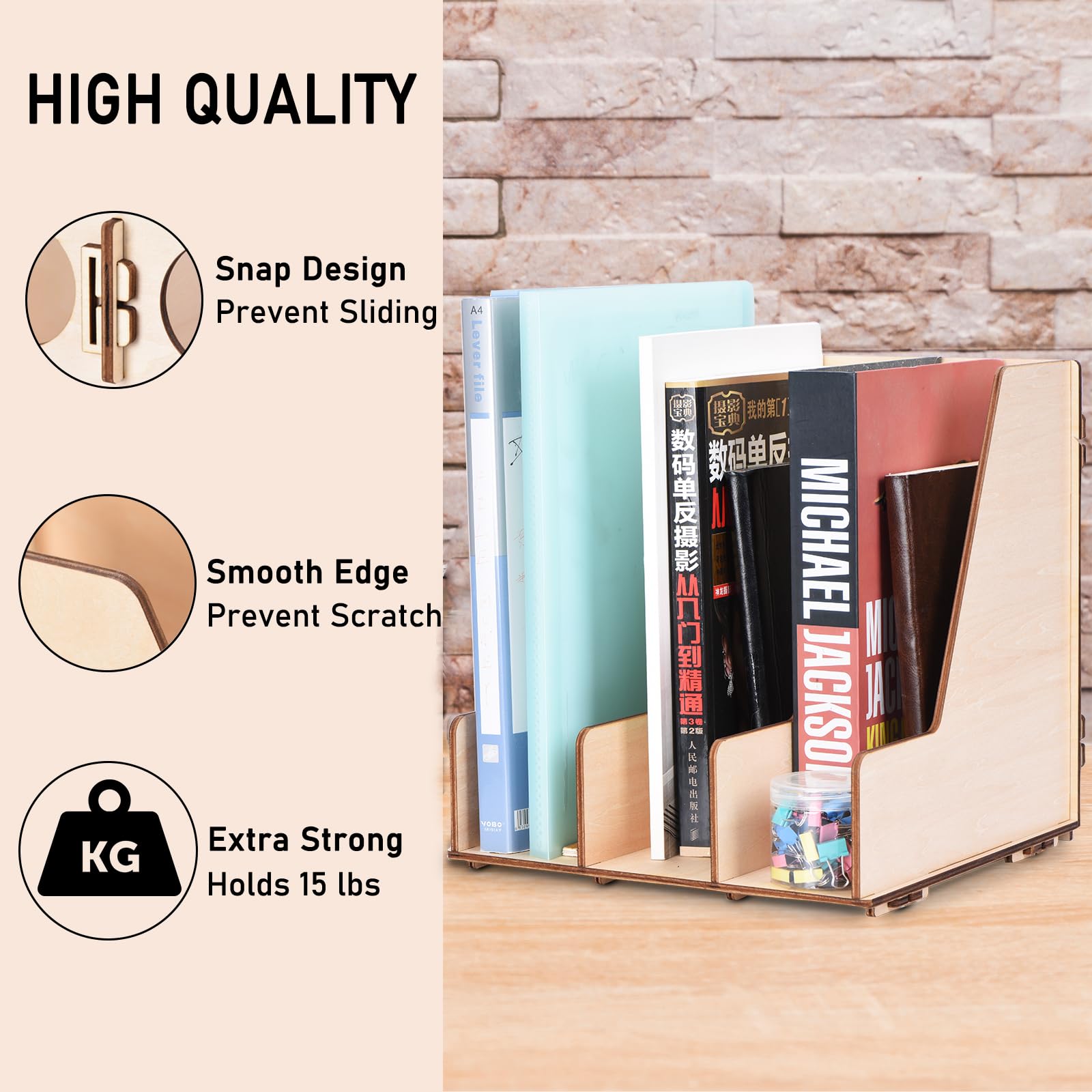 GJMZZG Rustic Magazine File Holders, Wood Vertical Document Folder Binder Storage Organizer 3 Compartment, Wooden Open Magazine Organizer for Home Office, School