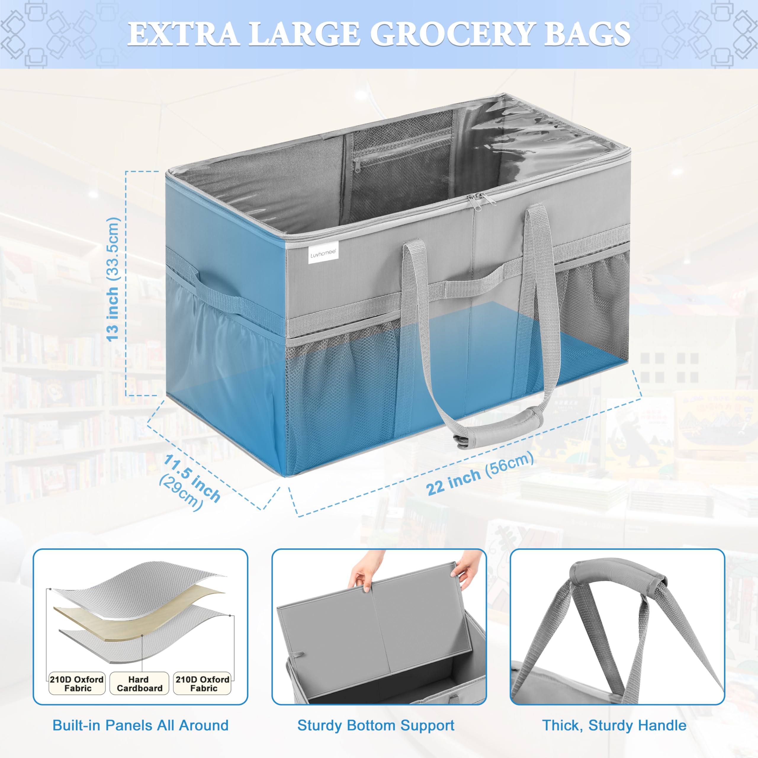 Extra Large Utility Tote Bag, 2 Pack Reusable Grocery Bags Heavy Duty, Sturdy Structured Tote Bag with Pockets & Handles, Foldable Shopping Bags for Groceries, Collapsible Totes with Lids 22x11.5x13in