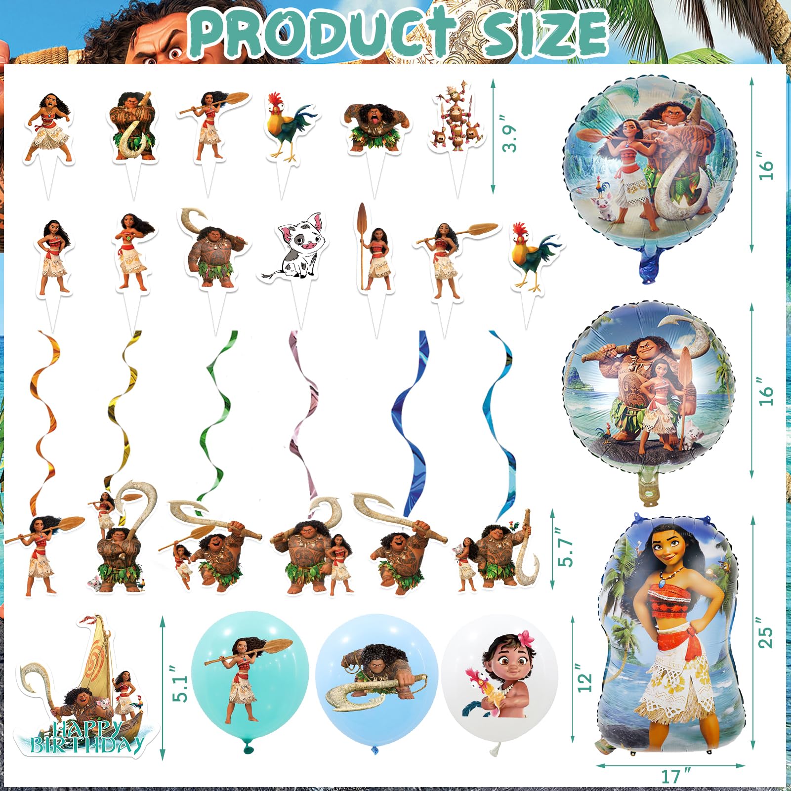 Moana Birthday Party Supplies - Moana Party Decorations include Banner Backdrop Ballons Cake Cupcake Toppers Haning Swirls, Moana Party Supplies