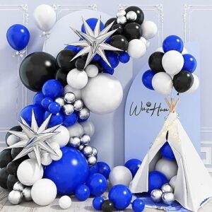 blue black and white balloon arch kit, navy dark royal blue white black balloon garland kit with metallic silver latex balloons explosive star foil balloons for graduation gaming birthday party decor