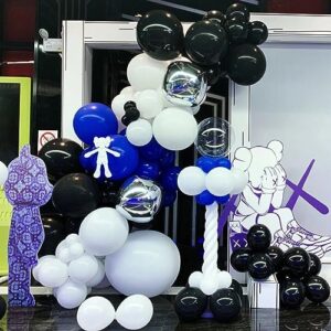 Blue Black and White Balloon Arch Kit, Navy Dark Royal Blue White Black Balloon Garland Kit with Metallic Silver Latex Balloons Explosive Star Foil Balloons for Graduation Gaming Birthday Party Decor