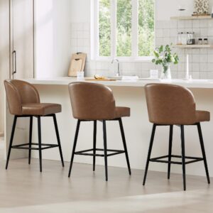 watson & whitely counter height bar stools set of 3, 360° swivel upholstered barstools with backs and metal legs, 26" h seat height, faux leather in saddle brown