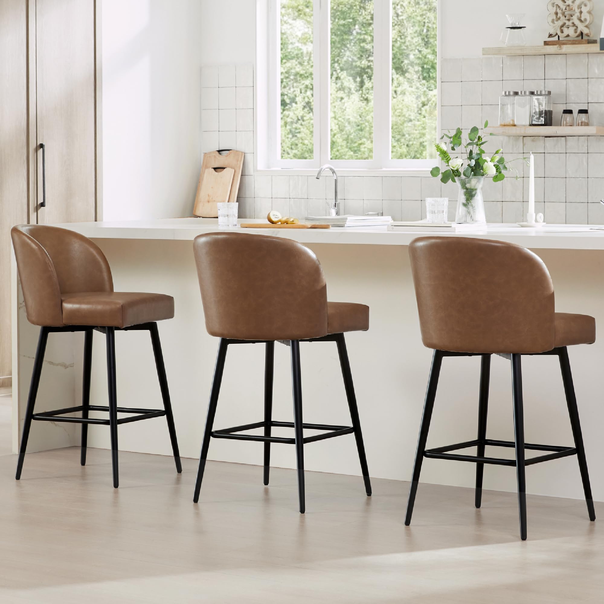 Watson & Whitely Counter Height Bar Stools Set of 3, 360° Swivel Upholstered Barstools with Backs and Metal Legs, 26" H Seat Height, Faux Leather in Saddle Brown