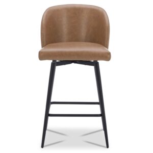 Watson & Whitely Counter Height Bar Stools Set of 3, 360° Swivel Upholstered Barstools with Backs and Metal Legs, 26" H Seat Height, Faux Leather in Saddle Brown