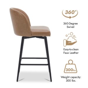 Watson & Whitely Counter Height Bar Stools Set of 3, 360° Swivel Upholstered Barstools with Backs and Metal Legs, 26" H Seat Height, Faux Leather in Saddle Brown