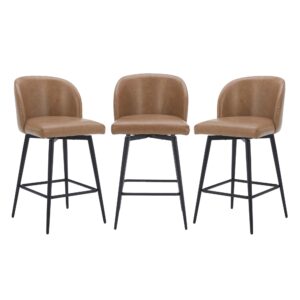 Watson & Whitely Counter Height Bar Stools Set of 3, 360° Swivel Upholstered Barstools with Backs and Metal Legs, 26" H Seat Height, Faux Leather in Saddle Brown