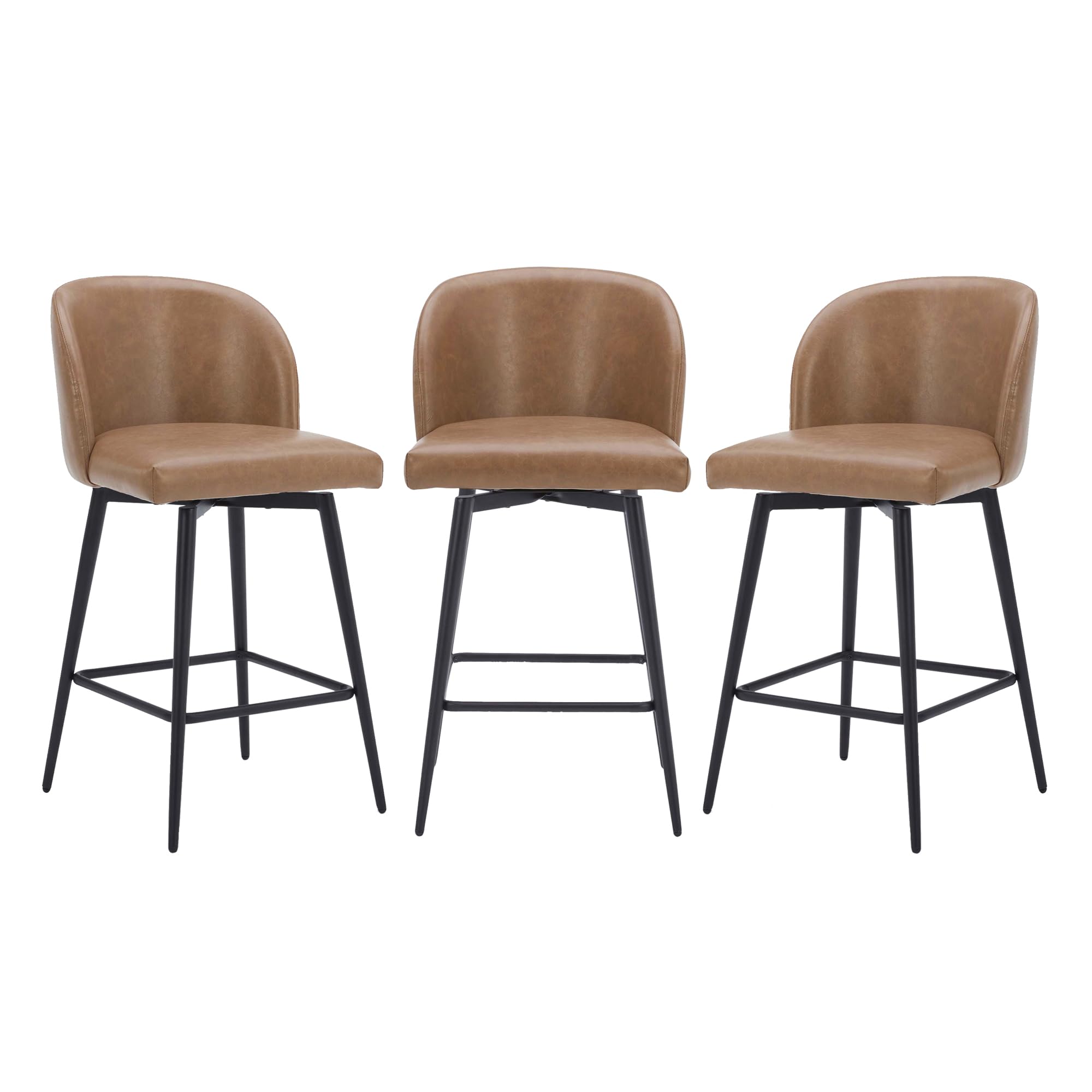 Watson & Whitely Counter Height Bar Stools Set of 3, 360° Swivel Upholstered Barstools with Backs and Metal Legs, 26" H Seat Height, Faux Leather in Saddle Brown