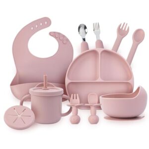 baby feeding set, 13pcs silicone baby self feeding set, toddler led weaning utensils set with suction bowl and plate, 3 set of baby spoon and fork, adjustable bid, sippy cup with straw and 2 lids