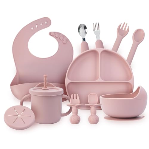 Baby Feeding Set, 13PCS Silicone Baby Self Feeding Set, Toddler Led Weaning Utensils Set with Suction Bowl and Plate, 3 Set of Baby Spoon and Fork, Adjustable Bid, Sippy Cup with Straw and 2 Lids