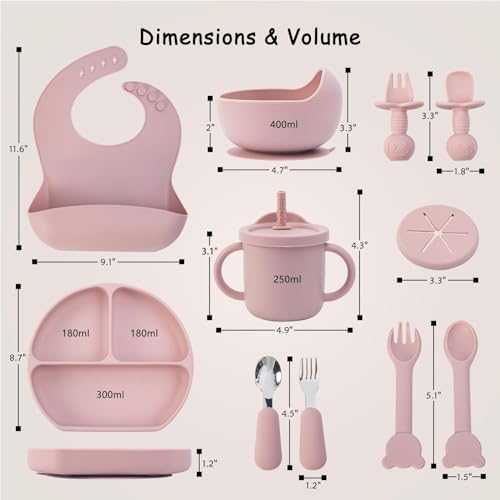 Baby Feeding Set, 13PCS Silicone Baby Self Feeding Set, Toddler Led Weaning Utensils Set with Suction Bowl and Plate, 3 Set of Baby Spoon and Fork, Adjustable Bid, Sippy Cup with Straw and 2 Lids