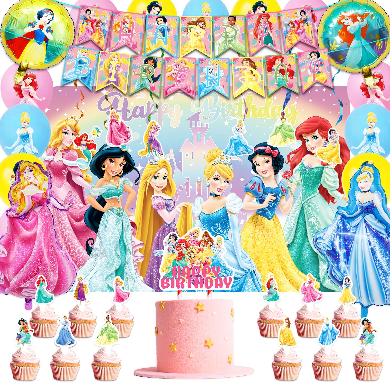 Princess Birthday Decorations - Princess Party Decorations include Banner Backdrop Ballons Cake Cupcake Toppers Haning Swirls, Princess Birthday Party Supplies