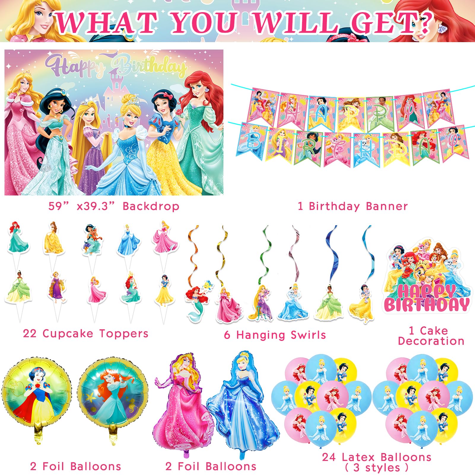 Princess Birthday Decorations - Princess Party Decorations include Banner Backdrop Ballons Cake Cupcake Toppers Haning Swirls, Princess Birthday Party Supplies