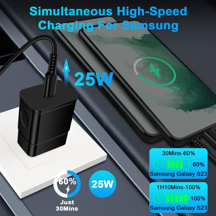 Super Fast Samsung Charger for Galaxy S24/S23/S22/S21/S20 FE/S23 Ultra/S23 Plus/S22 Ultra/A15/A14 5G/A54/A53/A23/A13/A12/A32/Z Flip 5 4 3, 25W USB C Wall Charger 6ft Android Charger Type C to C Cable