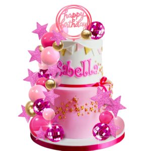 hot pink girl cake toppers with pink gold balls mirror ball doll cake toppers for wedding baby shower anniversary girl birthday themed party supplies (style 2)