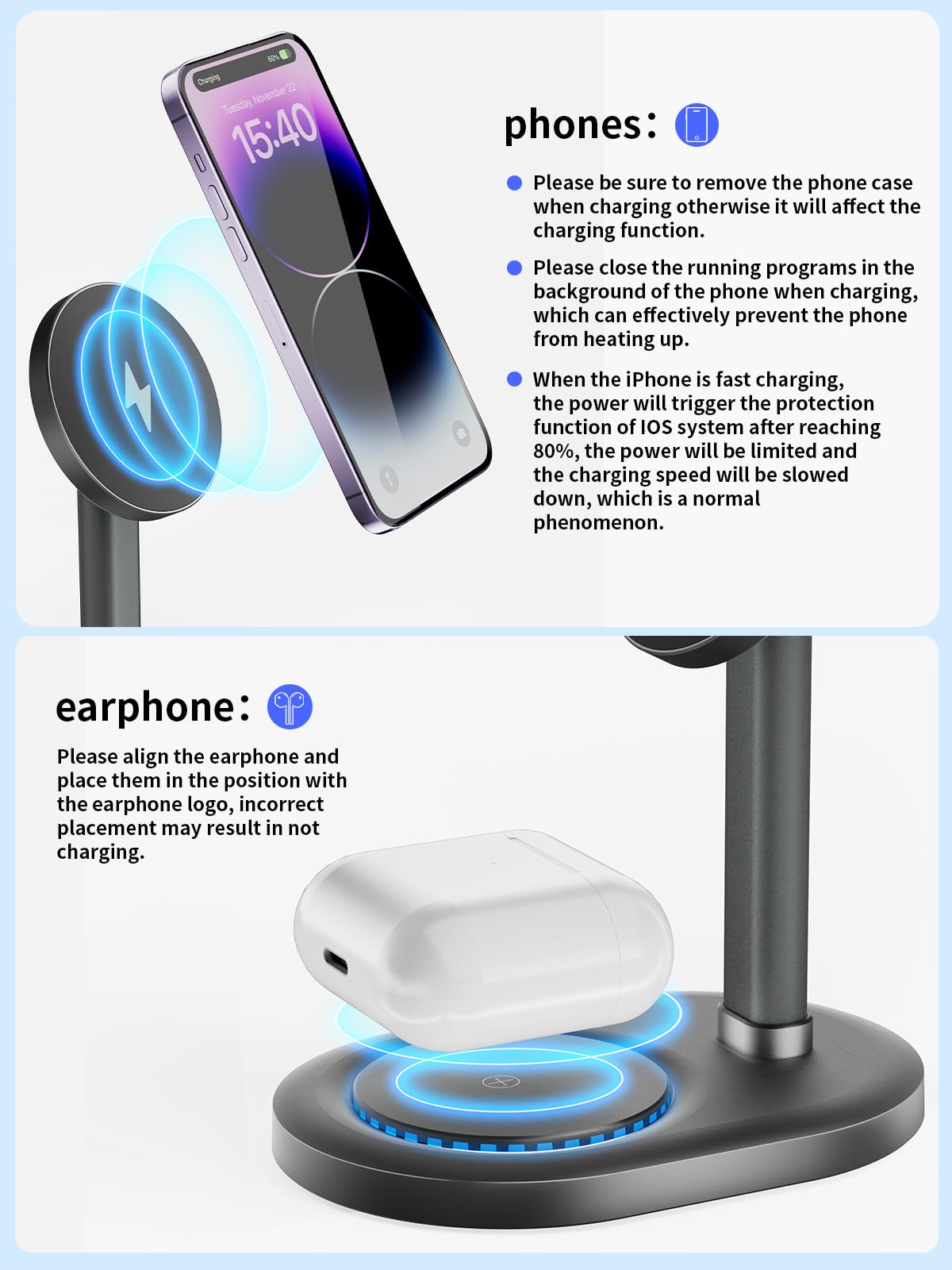 2 in 1 Magnetic Wireless Charger, 15W Fast Charging Mag-Safe Charger Stand for iPhone 15/14/13/12 Series, Wireless Charging Station for AirPods 3/Pro/2 (with QC3.0 Adapter)