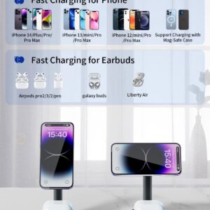 2 in 1 Magnetic Wireless Charger, 15W Fast Charging Mag-Safe Charger Stand for iPhone 15/14/13/12 Series, Wireless Charging Station for AirPods 3/Pro/2 (with QC3.0 Adapter)