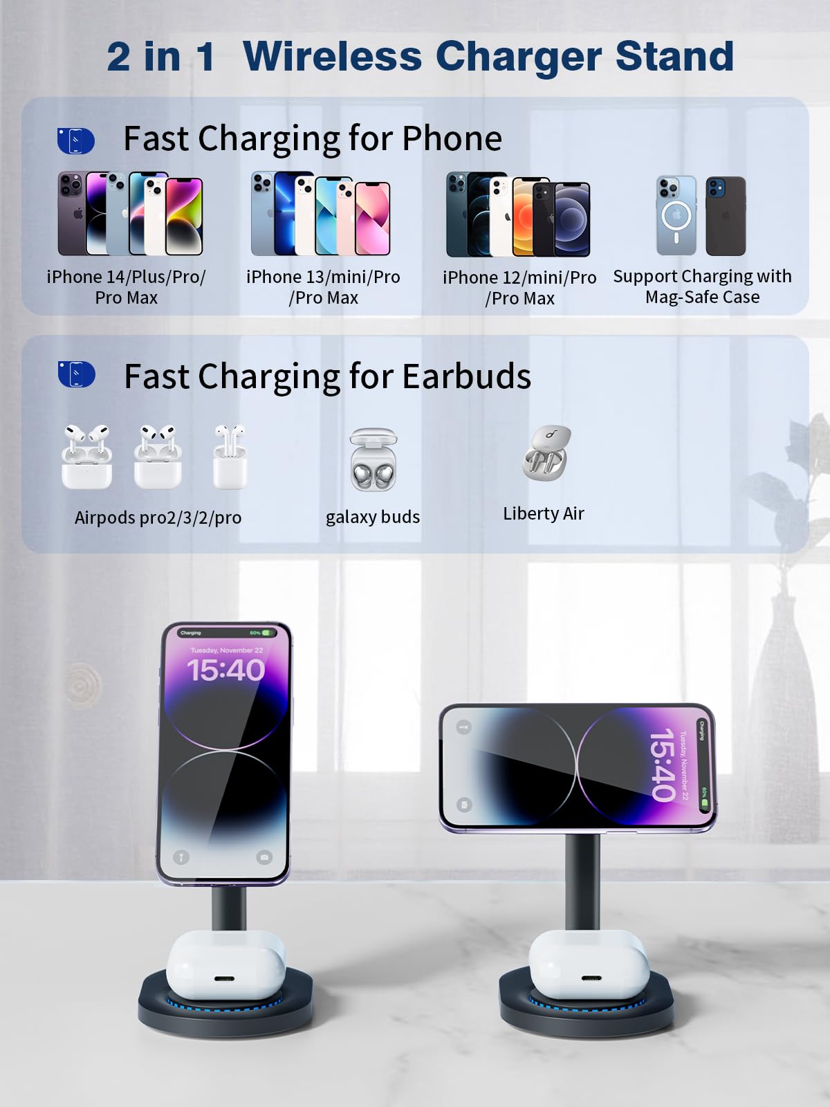 2 in 1 Magnetic Wireless Charger, 15W Fast Charging Mag-Safe Charger Stand for iPhone 15/14/13/12 Series, Wireless Charging Station for AirPods 3/Pro/2 (with QC3.0 Adapter)