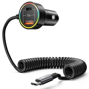 usb c car charger, 60w super fast car charger pd & qc 3.0 with 30w type c coiled cable, car phone charger for iphone 15 series/samsung galaxy s23-s21/iphone 14-8/google pixel/lg/android/ipad/macbook