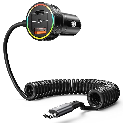 USB C Car Charger, 60W Super Fast Car Charger PD & QC 3.0 with 30W Type C Coiled Cable, Car Phone Charger for iPhone 15 Series/Samsung Galaxy S23-S21/iPhone 14-8/Google Pixel/LG/Android/iPad/MacBook