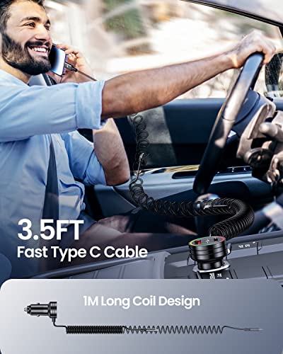 USB C Car Charger, 60W Super Fast Car Charger PD & QC 3.0 with 30W Type C Coiled Cable, Car Phone Charger for iPhone 15 Series/Samsung Galaxy S23-S21/iPhone 14-8/Google Pixel/LG/Android/iPad/MacBook