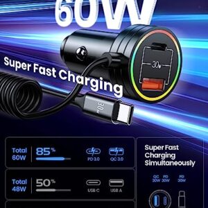 USB C Car Charger, 60W Super Fast Car Charger PD & QC 3.0 with 30W Type C Coiled Cable, Car Phone Charger for iPhone 15 Series/Samsung Galaxy S23-S21/iPhone 14-8/Google Pixel/LG/Android/iPad/MacBook