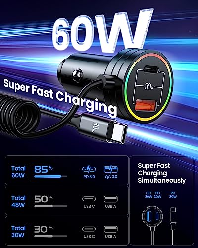 USB C Car Charger, 60W Super Fast Car Charger PD & QC 3.0 with 30W Type C Coiled Cable, Car Phone Charger for iPhone 15 Series/Samsung Galaxy S23-S21/iPhone 14-8/Google Pixel/LG/Android/iPad/MacBook